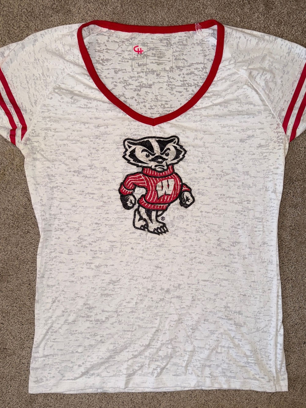 Campus Heritage White Short-Sleeve V-Neck Tee with Red Trim and Mascot